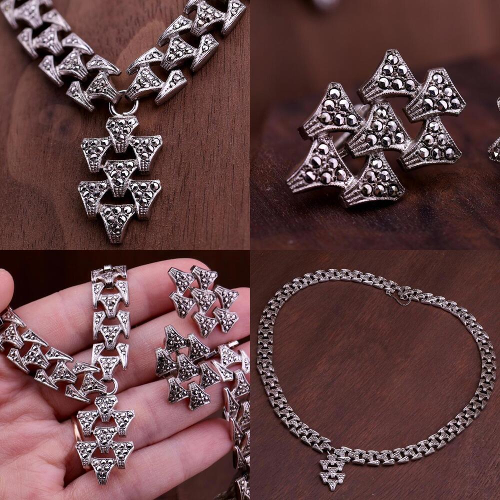Vintage KD Kilmer & Daniel Art Deco Sterling Marcasite Necklace and Earring Set - Picture 8 of 11